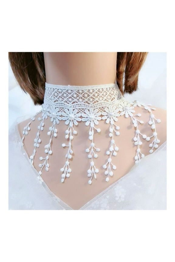 Women Party Necklace Hollow Out Lace Faux Pearl Decor Tassel Prom Cosplay Halloween Carnival Choker Wedding Performance Neck Jewelry