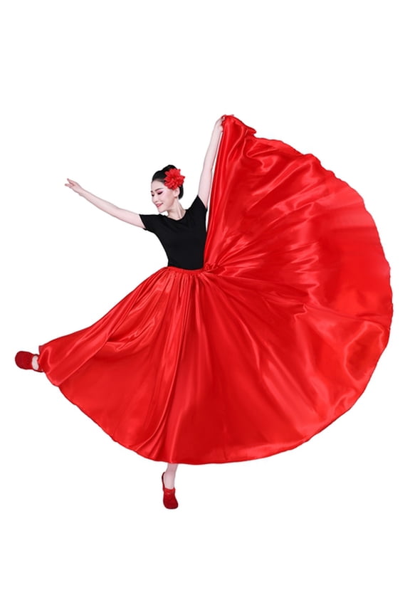 Women Performance Skirt High Elastic Waist Solid Color Pleated Super Big Hem Satin Long Spanish Skirt Swing Dancing Skirt Belly Dance Skirt