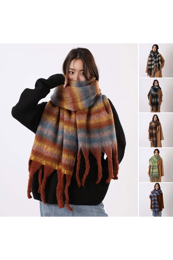 Women Plaid Scarf Chunky Oversized Winter Shawl Tassel Wrap Retro Literary Style Warm Wide Scarf for Ladies Gifts