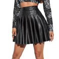 thumbnail image 1 of Skymirror Women Pleated Skirt Faux Leather High Waist A-line Loose Hem Solid Color Clubwear Party Dance Skirt Above Knee Length Mini Skirt, 1 of 8