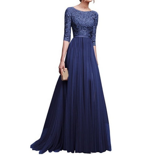 Skymirror Women Prom Party Dress Round Neck Lace Flower Embroidery Half Sleeve Tight Waist Patchwork Floor Length Pleated Lady Fall Winter Maxi Evening Dress