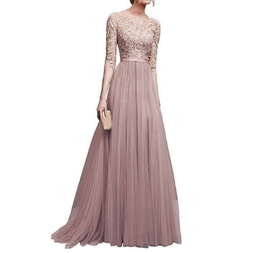 Skymirror Women Prom Party Dress Round Neck Lace Flower Embroidery Half Sleeve Tight Waist Patchwork Floor Length Pleated Lady Fall Winter Maxi Evening Dress