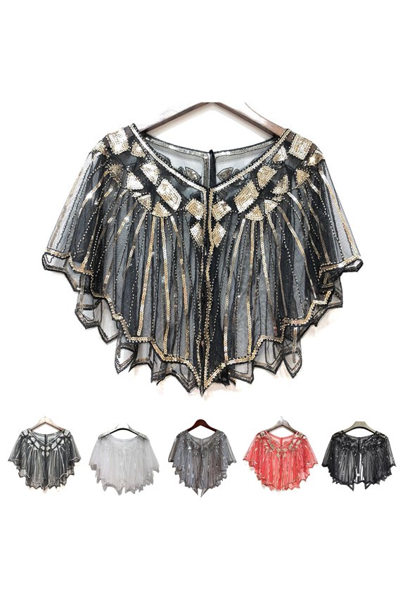 Women Prom Shawl Beaded Sequin Decor See-through Short V Neck Thin Shoulder Decoration Soft Breathable Lightweight Prom Wedding Banquet Lady Cape