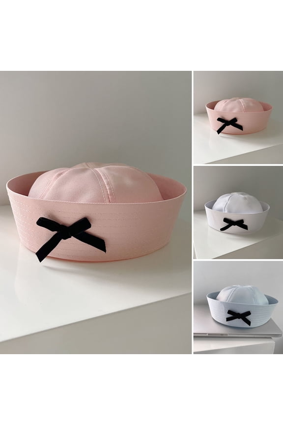 Women Sailor Hat Flip Eaves Bow Decor Lightweight Washable Solid Color Sweet Girl Party Cosplay Cap JK Beret Dome Navy Cap
