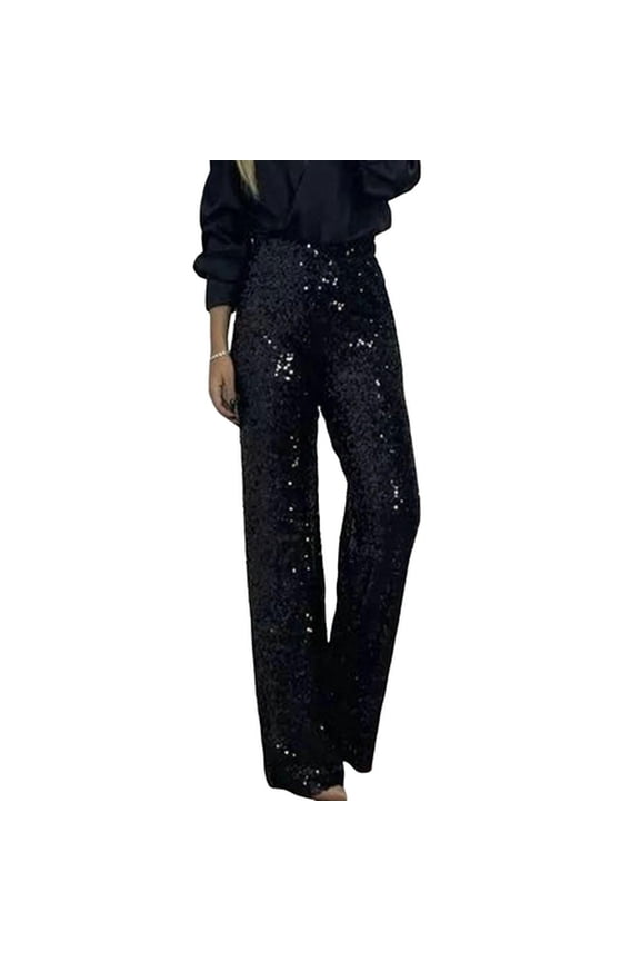 Women Sequins Long Pants High Waist Slim Fit Shining Trousers Solid Color Elastic Flared Pants Streetwear