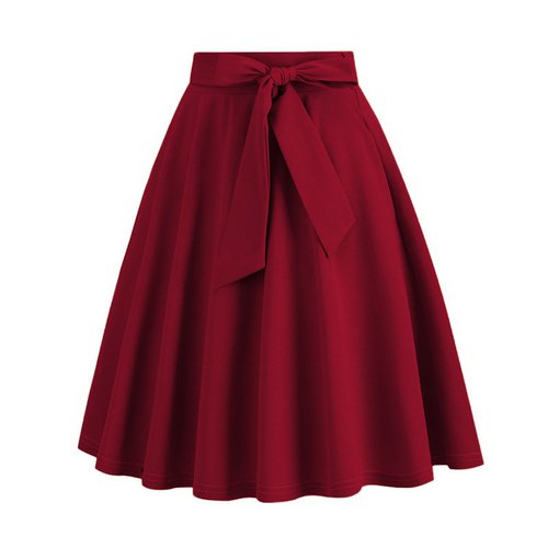 Skymirror Women Skirt Belted Tight Waist Bow Decor A-line Big Swing Solid Color High Waist Soft Ruffle Summer Dating Party Midi Skirt