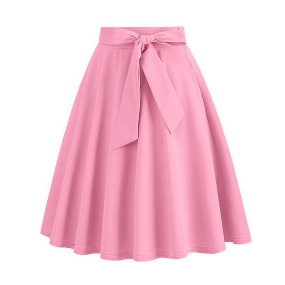 Skymirror Women Skirt Belted Tight Waist Bow Decor A-line Big Swing Solid Color High Waist Soft Ruffle Summer Dating Party Midi Skirt
