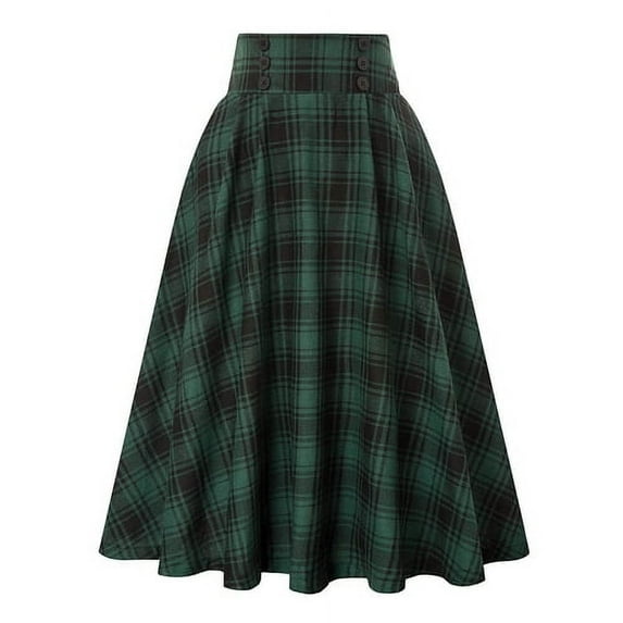Skymirror Women Skirt High Elastic Waist Big Hem A-line Colorblock Plaid Print Loose Ankle Length Soft Pockets Retro Ruffle Elegant Party Commute Lady Maxi Skirt
