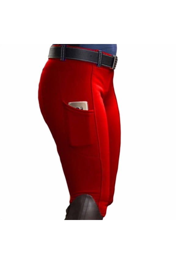 Women Solid Color Pocket Hip Lift Elastic Equestrian Pants Horse Racing Trousers