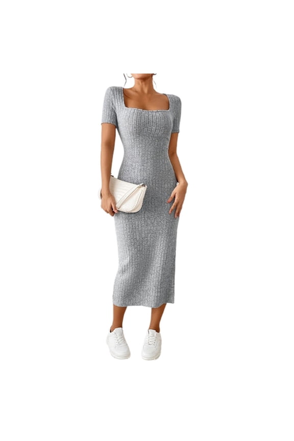 Women Summer Dress Square Neck Split Hem Knitted Elastic Skinny Solid Color Mid-calf Length Short Sleeves Lady Party Commute Midi Dress