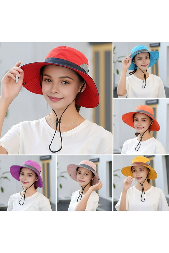 Women Summer Sun Hat Hollow Mesh Windproof Strap Wide Brim Anti UV Sun Foldable Portable Gardening Fishing Travel Cap Outdoor Fisherman Hat