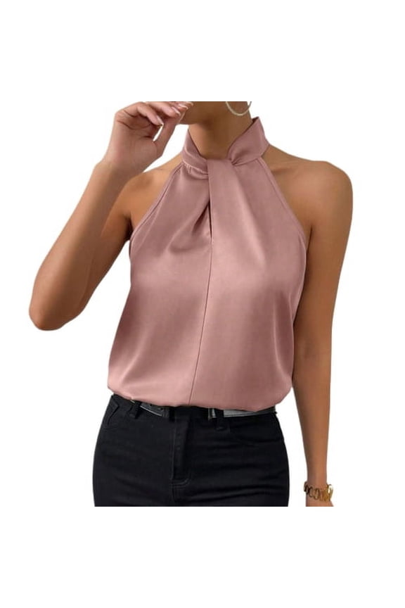 Women Summer Tops Halter Sleeveless Loose Fit Blouse Solid Color Smooth Satin Tank Tops Imitation Silk Party Office Vest Workwear