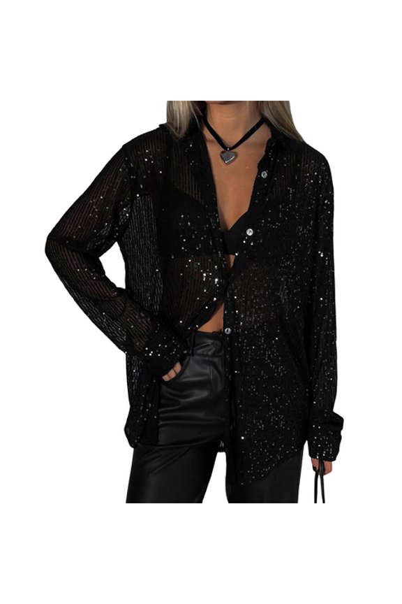 Women Summer Tops Shiny Sequins Decor Shirt Coat Solid Color Loose Fit Lapel Long Sleeve Buttons Placket Shirt Tops