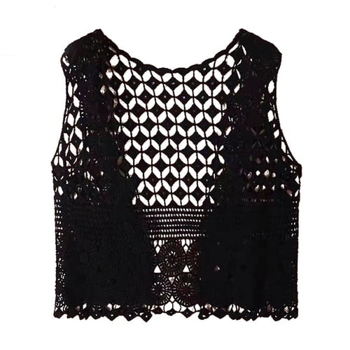 Skymirror Women Summer Vest Hollow Out Retro Knitted Crochet Sleeveless Loose Solid Color Open Stitch Thin Cardigan Daily Outwear Coat Top