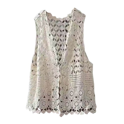 Skymirror Women Summer Vest Hollow Out Retro Knitted Crochet Sleeveless Loose Solid Color Open Stitch Thin Cardigan Daily Outwear Coat Top