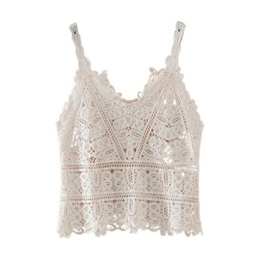 Skymirror Women Summer Vest Tops V-neck Sleeveless Crochet Knitting Tops Solid Color Hollow Lace Sling Tops Streetwear