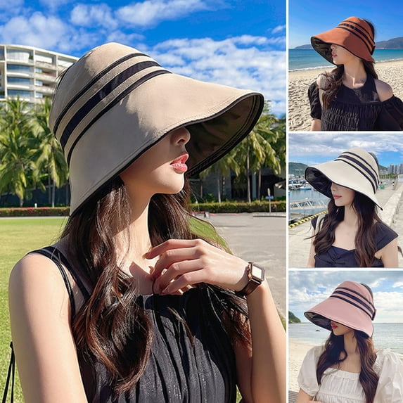 Skymirror Women Sun Hat Stripe Heat Isolating Contrast Color Anti-UV Sunscreen Bucket Hat Outdoor Hat