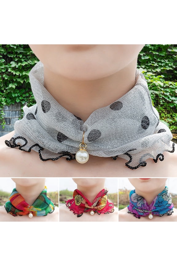 Women Sunscreen Neck Collar Faux Pearl Decor Organza Chiffon Scarf Printing Sheer Trim Loop Scarf Neck Accessory