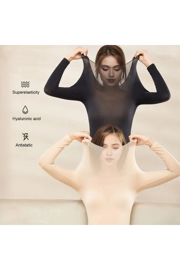 Women Thermal Tops Round Neck Long Sleeve Slim Fit Bottoming Tops Solid Color High Elastic Thermal Underwear