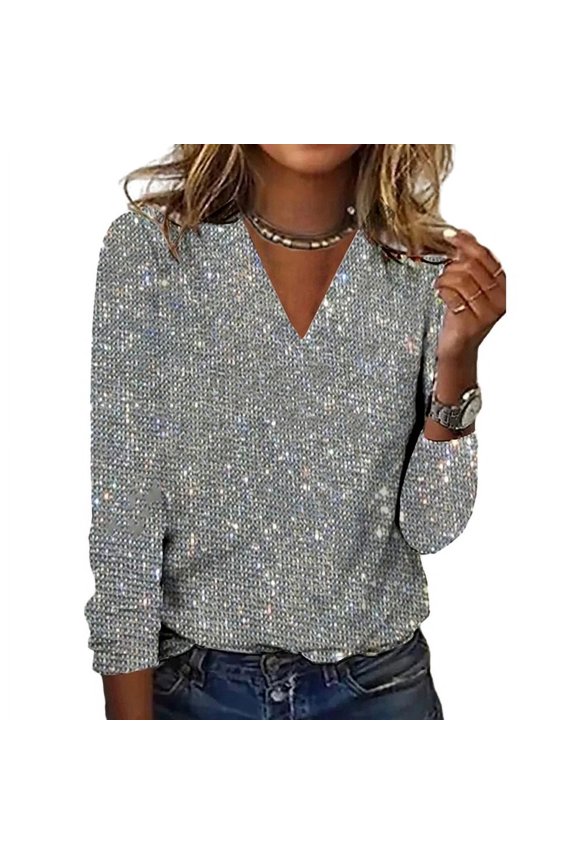 Women Top Shiny Sequin V Neck Long Sleeve Loose Soft Pullover Pure Color Breathable Daily Commute Club Party Lady Blouse Shirt