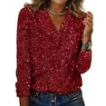 thumbnail image 1 of Skymirror Women Top Shiny Sequin V Neck Long Sleeve Loose Soft Pullover Pure Color Breathable Daily Commute Club Party Lady Blouse Shirt, 1 of 8