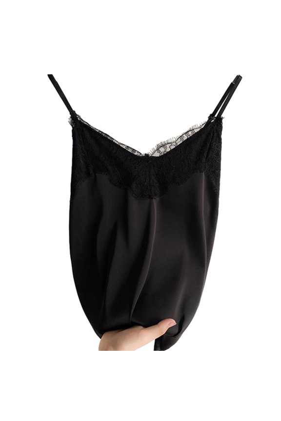 Women Vest Lace Patchwork Solid Color Sleeveless Backless Spaghetti Strap V Neck Silky Soft Casual Soft Women Camisole Top