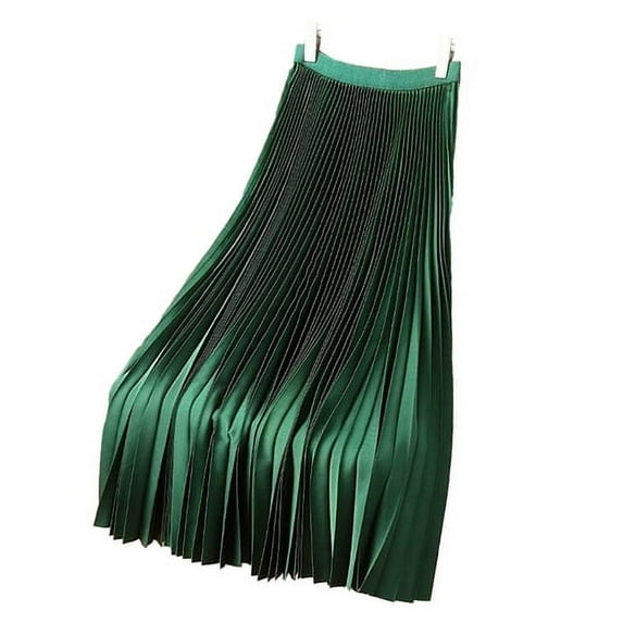 Skymirror Women Vintage Midi Skirt Wide Elastic Waistband High Waist Pleated A-Line Skirt Solid Color Smooth Satin Long Skirt