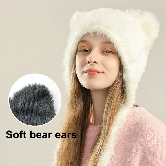 Skymirror Women Winter Hat Faux Fur Soft Fuzzy Ear Cartoon Ear Decor Solid Color Elastic Anti slip Windroof Warm Cozy Cap