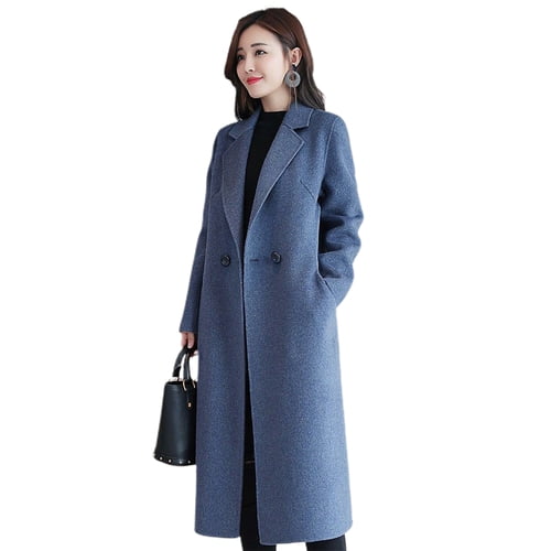 Skymirror Women Winter Overcoat Turn-down Collar Solid Color Long Sleeves Double Buttons Loose Thermal Cardigan Midi Length Lady Coat for Dating