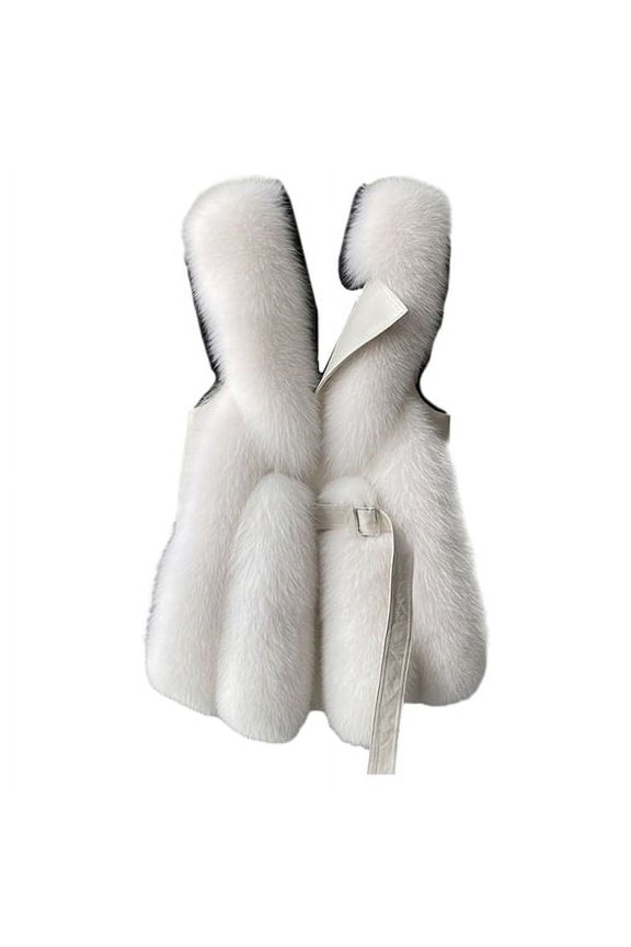 Women Winter Vest Coat Thick Fluffy Faux Fur Cozy Solid Color Sleeveless Button Closure Belt Decor Solid Color Windproof Faux Leather Patchwork Warm Waistcoat