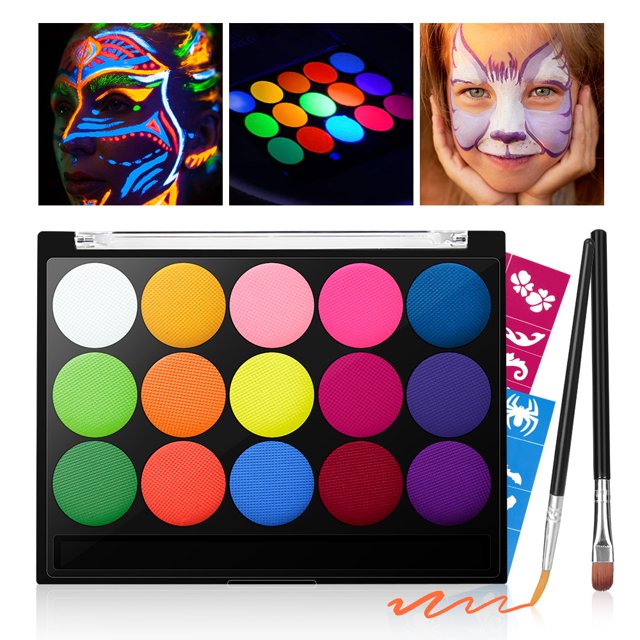 Skymore Face Painting Kits 15 Colors, UV Neon Glow In The Dark Body