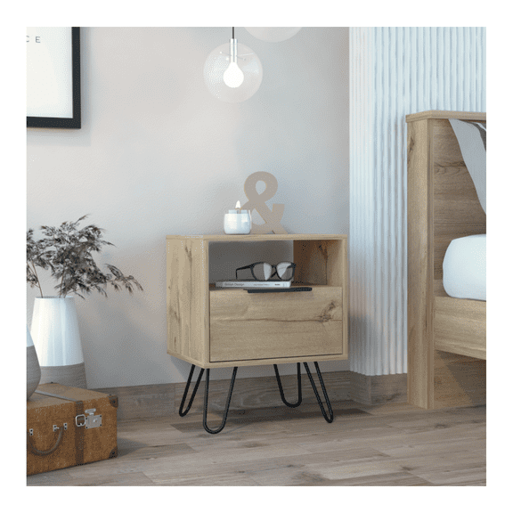 Skyoner Nightstand, Single Drawer, Hairpin Legs, Light Oak - Modern Bedroom Side Table