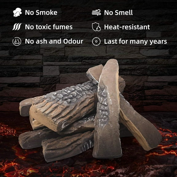 JP OUTDOOR 10PCS Large Gas Fireplace Logs, Ceramic Wood Logs Decor for Indoor and Outdoor Firepit