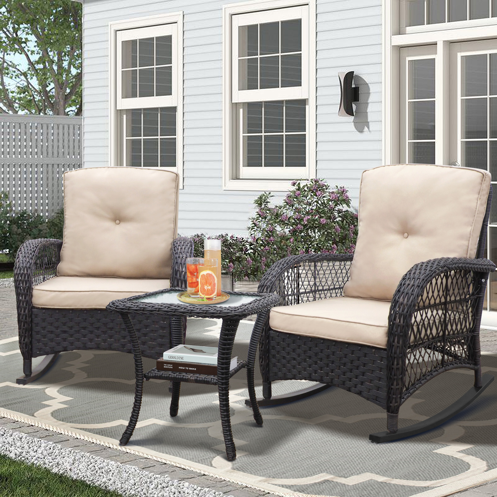 Skypatio 3Pcs Outdoor Rattan Rocking Chair Sets for Porch, Kahki