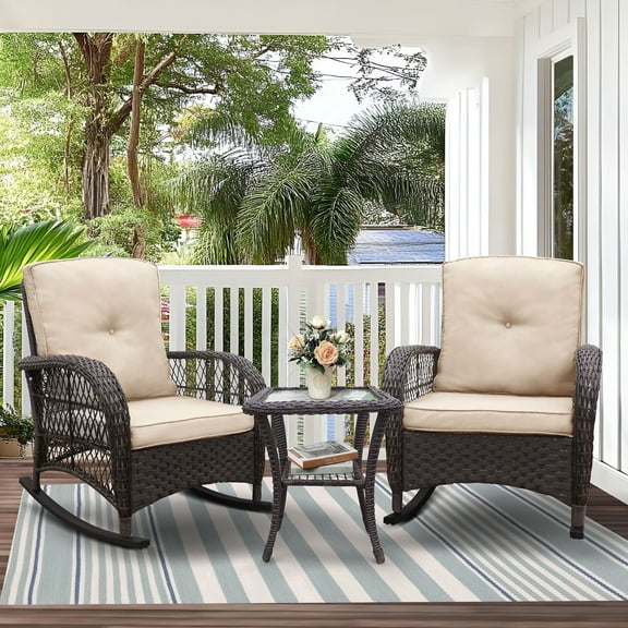 JP Outdoor 3Pcs Indoor or Outdoor Wicker Rocking Porch Chairs with Coffee Table,Kahki