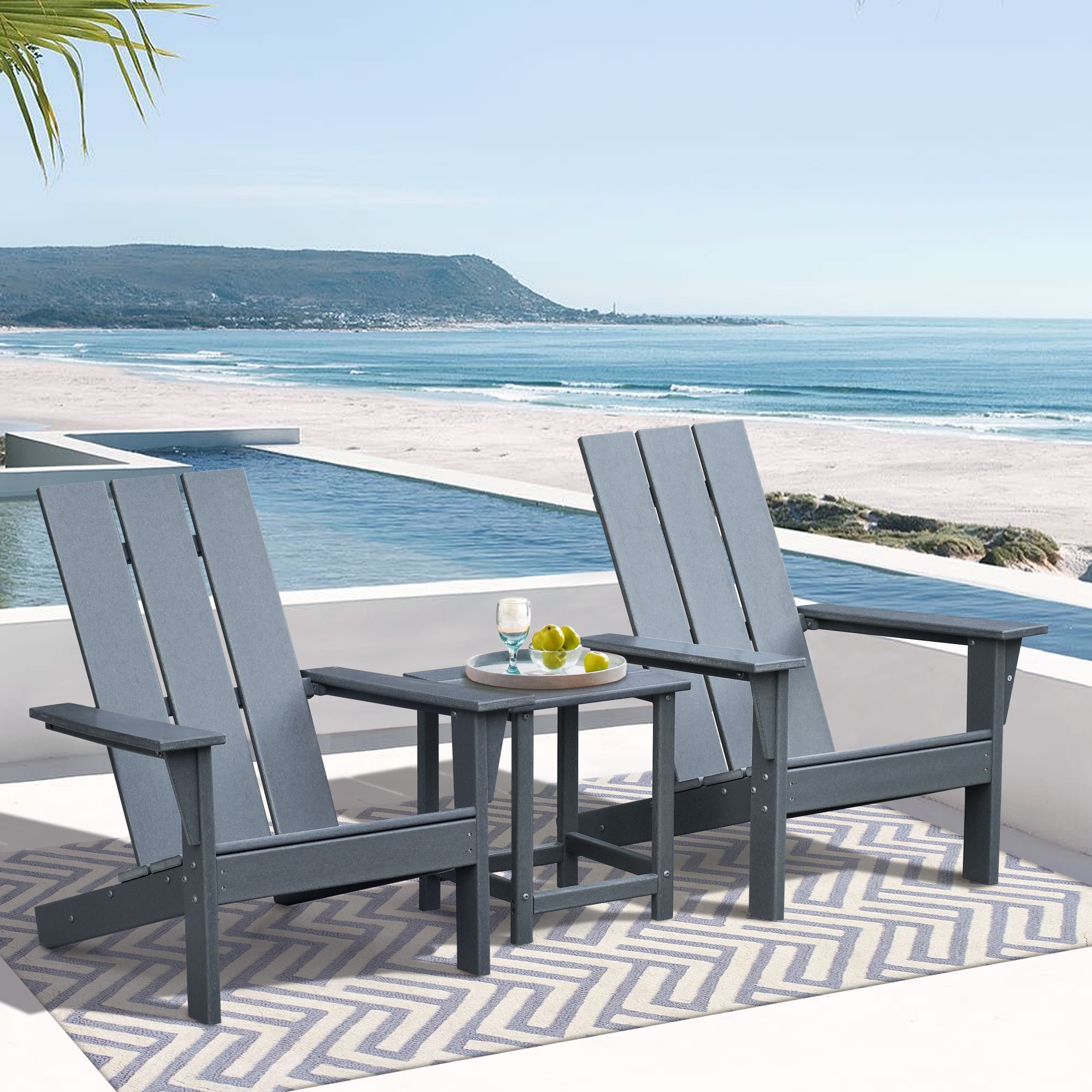 JP OUTDOOR Durable Comfortable Weather-resistant Adirondack Chairs Set of 2 with Table, HDPE Plastic for Outdoor, Gray