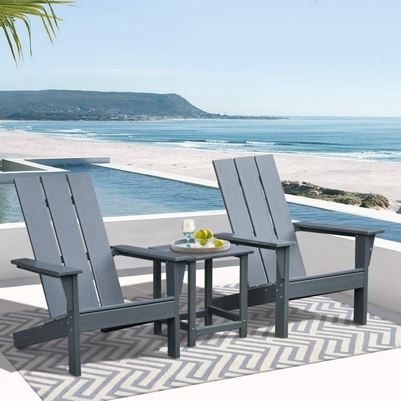 JP OUTDOOR Durable Comfortable Weather-resistant Adirondack Chairs Set of 2 with Table, HDPE Plastic for Outdoor, Gray