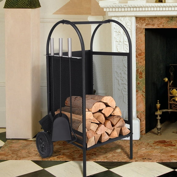 Skypatio Durable Portable Firewood Rack Log Cart with Wheels, Indoor Outdoor Fireplace Log Holder, Black