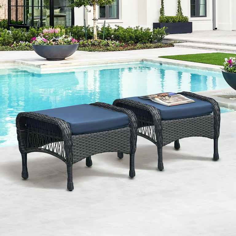 Skypatio Outdoor Patio Wicker Ottoman Rattan Footrest Set of 2 Navy Blue