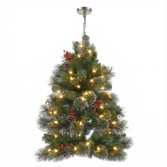 SkyX 3-Foot Pre-Lit Hanging Christmas Tree Chandelier with Frosted Tips and Red Berries