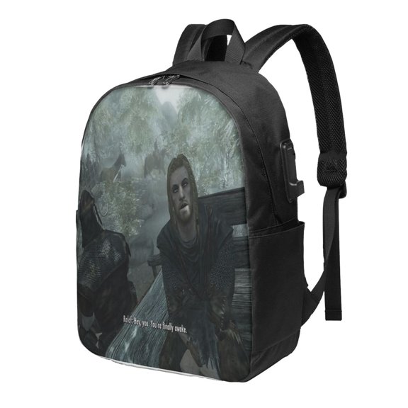 Skyrim Pillow Hey You You'Re Finally Awake Backpack Fashion Travel Backpack Laptop Backpack 17 Inch External Usb Interface Headphone Line Interface