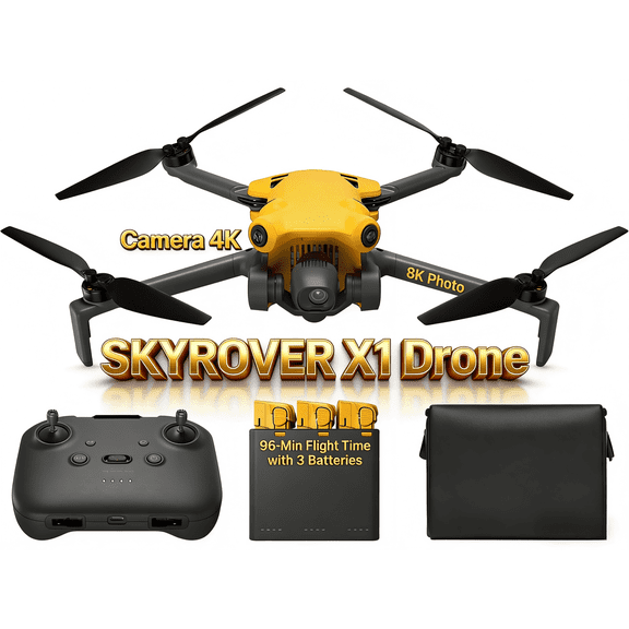 Skyrover X1 Foldable 4K Drone Combo with 3 Batteries, Camera 4K/60fps Vertical, SmartGo Shots/Spotlight, Wi-Fi 50000ft Transmission, 360° Obstacle Sensing/AI Dual Tracking, 96-Min Flight Time, Yellow