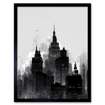 Skyscraper Cityscape Charcoal Illustration Black White Art Print Framed Poster Wall Decor 12x16 inch