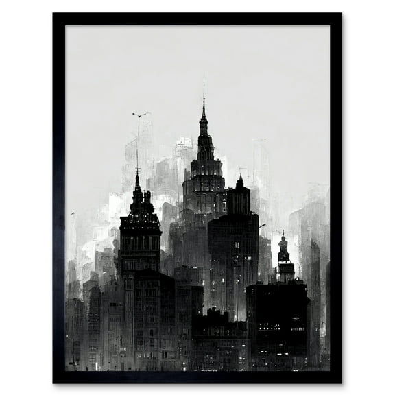 Skyscraper Cityscape Charcoal Illustration Black White Art Print Framed Poster Wall Decor 12x16 inch
