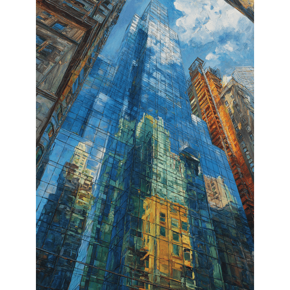 Skyscraper Reflection Canvas Wall Art,Modern Loft Decor for Living Room Office Hotel Lobby