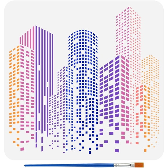 Skyscraper Stencil with Paint Brush 11.8x11.8inch Reusable City Buildings Drawing Template Tall Buildings Stencil Large Modern Cityscape Template for DIY Crafts Furniture Wall Decor