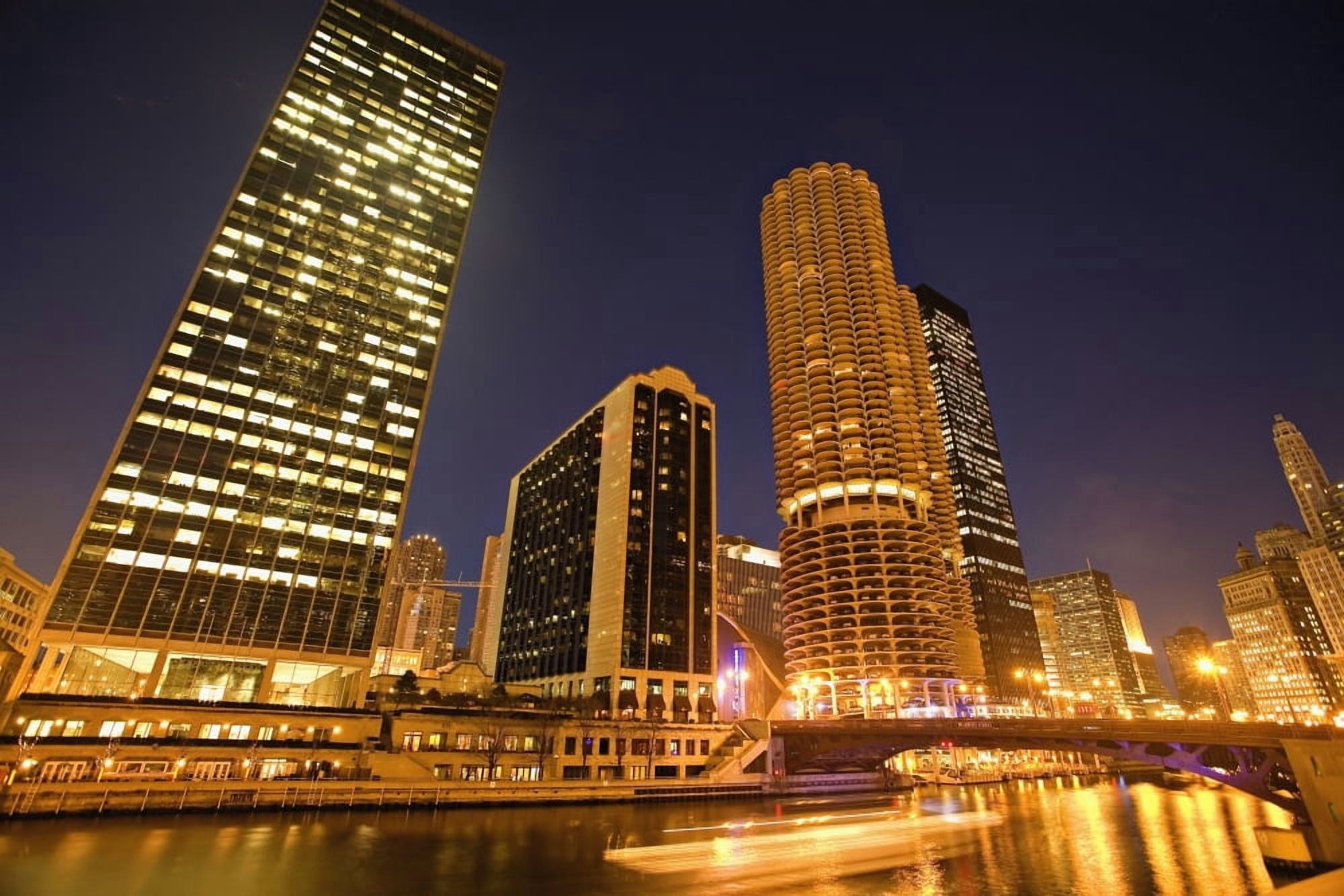 Skyscrapers Along Chicago River At Night Canvas Art - Kim Karpeles Design Pics (19 x 12)
