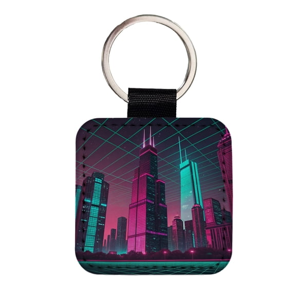 Skyscrapers Buildings Lit Pink Teal Faux Leather Square Keychain