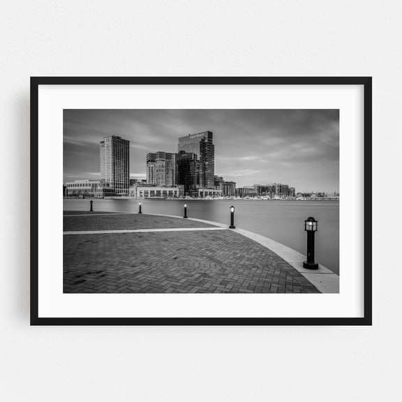 Skyscrapers in Harbor East B&W - Baltimore Maryland Photography Cityscape Black and White Harbor Skyline Architecture Black Framed Wall Art Print 5 x 7 inches
