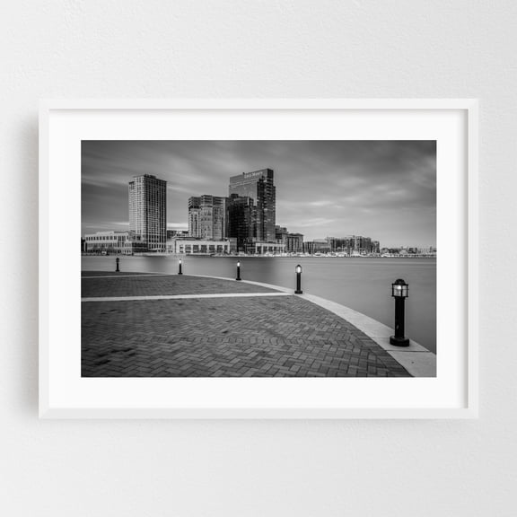 Skyscrapers in Harbor East B&W - Baltimore Maryland Photography Cityscape Black and White Harbor Skyline Architecture White Framed Wall Art Print 5 x 7 inches